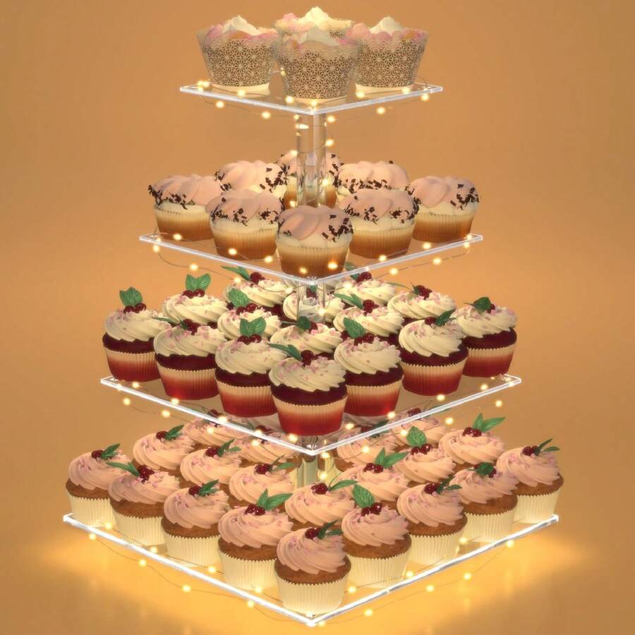 Cupcake Stand With Lights, 4Tier/5 Tier Cupcake Holder, Cupcake Tier Stand For 52/64 Cupcakes, Acrylic Dessert Table Display Set For Weddings, Clear Square Dessert Treat Display For Birthday Cady Bar, Party, Graduation