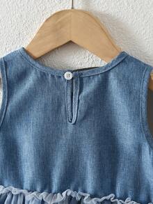 bearleader Đầm không tay kiểu denim mùa hè, phù hợp cho bé gái 3-7 tuổi, đầm công chúa ren phối màu tương phản thời trang. - Màu xanh lam - Xem 4