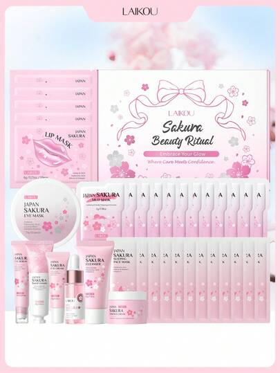 一套LAIKOU樱花保湿护肤套装（泥面膜5g*12+精华液17ml+唇膜8g+眼部精华液15ml+撕拉面膜50g+洁面乳50g+精华霜30g+眼霜15g+保湿面膜25g*5+润唇膏3.5g），抗衰老护肤礼盒，保湿修护护肤礼袋，深层滋养，适合女性、妈妈、妻子、姐妹、青少年、女朋友，可作为送给妈妈的礼物，也可作为情人节礼物。