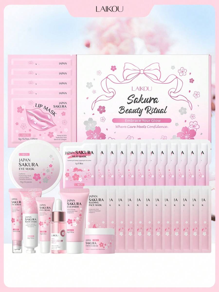 Smoothing LAIKOU SAKURA SKINCARE SET (Serum & Eye Serum & Hydrating Lip Mask & Eye Mask & Hand Cream & Mud Mask & Cleanser & Eye Cream & Essence Cream & Sleeping Face Mask) Non-Sticky Skin Care Gift Boxes Brightening Skin Care Gift Box For All Skin Types Self Care Gifts For Mom - Cherry Blossoms - View 1