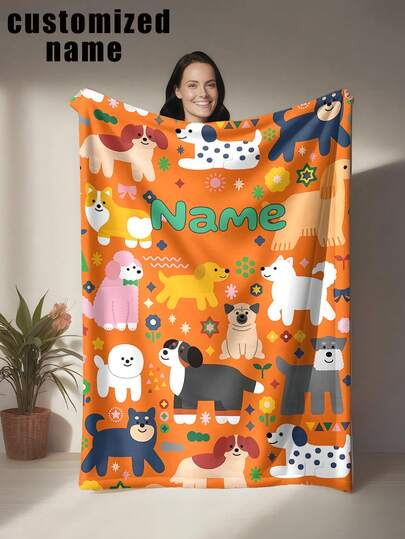1 Stück süßer Hund bedruckter Decke, personalisierbar mit eigenem Namen, mit über 10 Cartoon Hunderassen wie Corgi, Shiba Inu, Pudel, Französische Bulldogge, dekoriert mit Sternen, Blumen, Wellen, in hellen und lebendigen Farben, maschinenwaschbar, Polyesterstoff, geeignet für alle Jahreszeiten und Anlässe, moderner Stil multifunktionale digital bedruckte Decke für Sofa, Bett, Auto, Teeraum, Schlafzimmer, Badezimmer, Wohnzimmer, Esszimmer, Büro, etc.