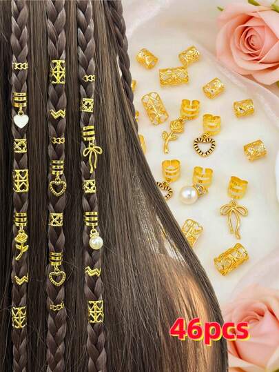 46pcs Elegant Dreadlock Hair Rings, Suitable For Festivals, Parties, Music Festivals, For Women, Can Be Freely Matched