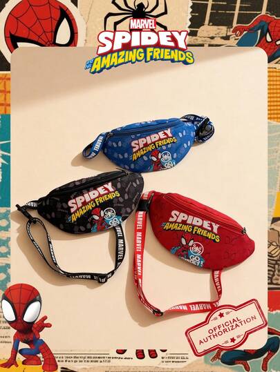 Marvel 1个漫威官方授权蜘蛛侠图案腰包，多功能斜挎包，男童休闲单肩包，轻便可调节肩带胸包，卡通零钱包，臀包，适合男孩、年轻粉丝、学生，完美适用于日常上学、户外玩耍、主题公园游玩、假期旅行、运动。