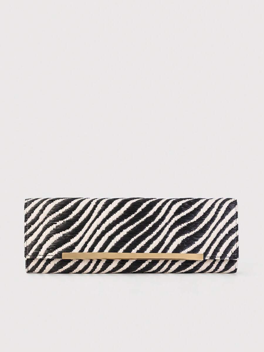 Zebra Print Straw Clutch, Striped Woven Long Wallet, Elegant Party & Daily Clutch - Black and White - View 1