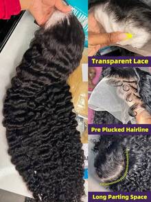 CEXXY 13x6 Deep Wave Lace Front Wig Made Of Human Hair, Pre-Plucked, Bleached Knots, 200% Density, Deep Curls, Natural Hair Color, Pre-Plucked, Pre-Cut, HD Lace Front Wig, Human Hair Wig For Women, Brazilian Human Hair, Deep Wave, Pre-Plucked Human Hair Wig, Lace Front Wig - Natural Black - 查看 5