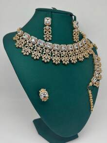 5pcs/Set Luxury European & American Style Exaggerated Ruby, Emerald, Copper Cubic Zirconia Necklace, Earrings, Open Ring, Bracelet Jewelry Set. Suitable For Banquet, Party, Bride, Wedding. Gift For Mother, Teacher, Girlfriend - Gold - View 3