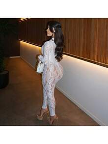 2026 Autumn New Sexy Lace See-Through Tight Long-Sleeved Zipper Jumpsuit - 白色 - 查看 5