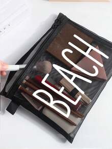 2pcs/Set Large Capacity Mesh Beach Bag - Printed With White "Beach" Letters, Featuring Tropical And Beach Elements; Foldable Waterproof And Sand Proof Mesh Handbag+Matching Mesh Cosmetic Storage Bag, Foldable Beach Sun Hat, Fashion Glasses. - Multicolor - View 8