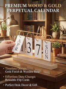 1pc Wooden Desktop Perpetual Calendar - Metal & Wooden Month/Date Display, Golden Finish, Reusable, Suitable For Teacher/Student Office Decor - Classroom Supplies, Farmhouse Decor, Teacher's Day Gift, Desktop Organizer, Retro Office Accessory, Vintage Calendar, Study Planner - Multicolor - View 1