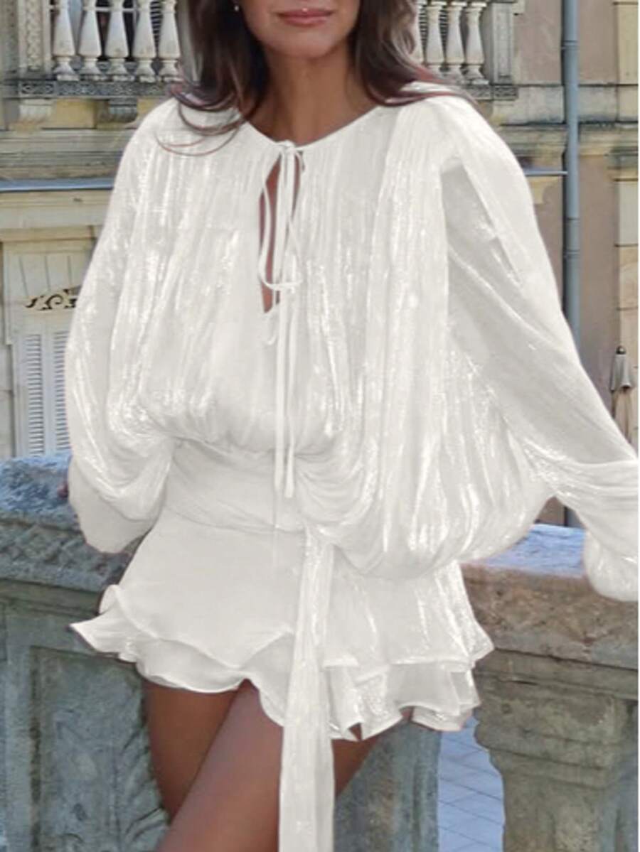 Tie-Up Ruffle Collar Double-Layer Lantern Sleeve Shirt Dress Party Wedding - White - View 1