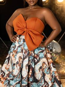 Faeriesty Elegant Plus Size Orange Strapless Dress With Embroidered Bow A-Line Cut, Perfect For Weddings, Evening Parties And Outdoor Events Vacation - Orange - View 1