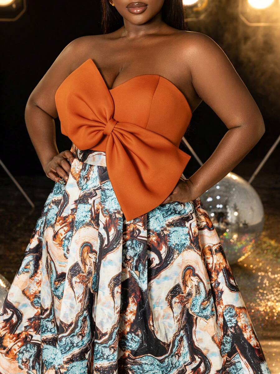 Faeriesty Elegant Plus Size Orange Strapless Dress With Embroidered Bow A-Line Cut, Perfect For Weddings, Evening Parties And Outdoor Events Vacation - Orange - View 1