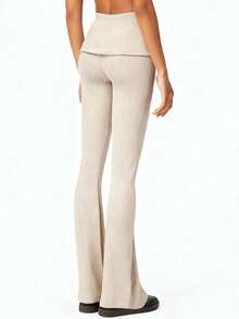 Women's Flared Pants Stylish Solid Color Ribbed Fold-down Waist Design Casual Slim Fit Bell Bottoms - Champán - Ver 5