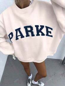 Women's Casual "PARKE" Letter Print Loose Pullover Sweatshirt, Encountering Lazy Fashion. 2026 New Y2Y Style Casual Women's Sweatshirt - Versatile For Sports, Leisure, And Everyday Wear New Years Outfit WomenWomen'S Sweatshirt - Black With Colorful Lettering, Soft Crewneck Pullover For Everyday & Special Occasions, Fall/Spr - 杏色 - 查看 1