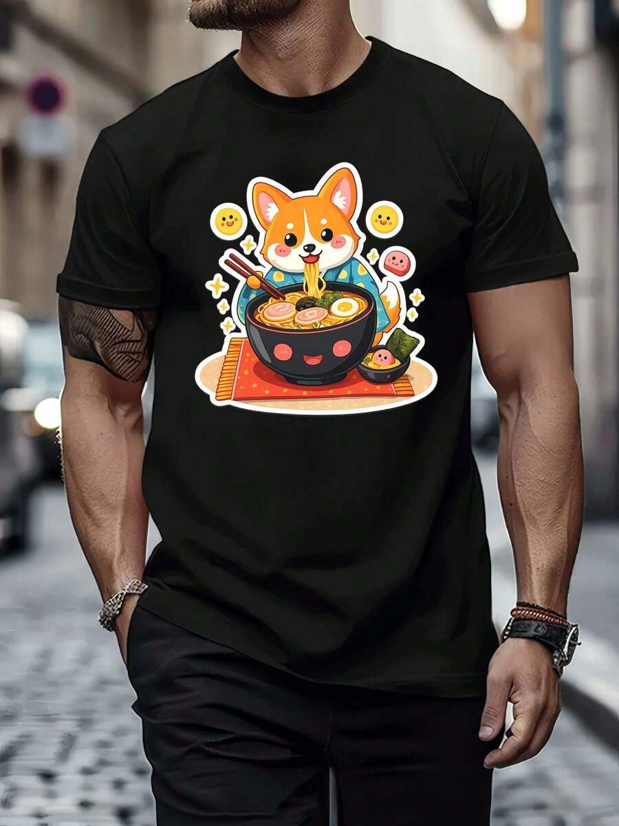 Maglietta nera con grafica Corgi Ramen primaverile, tessuto di alta qualità, scollo tondo, vestibilità ampia, comoda, casual - nero - Visualizzare 1