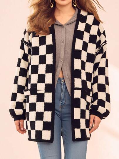 Jesienno-zimowy, elegancki, luźny kardigan w europejskim stylu, w czarno-białą kratę, uniwersalny, modny, długi rękaw, swobodny, duży rozmiar, damski sweter