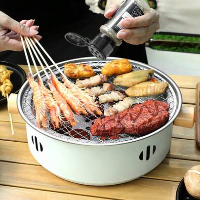 1pc Korean BBQ Hot Pot Combo Grill (28cm, Excluding Charcoal), Suitable For Home Outdoor BBQ Camping Picnic, Kitchen Appliances, Kitchen Accessories, BBQ Accessories
