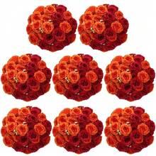 16 Bundles Artificial Peonies Flowers Fake Silk Peony Bouquet Faux Peonies Flowers Bulk For Decoration Vase Floral Arrangements Wedding Party Table (Orange,Dark Red) - 橘色 - 查看 1