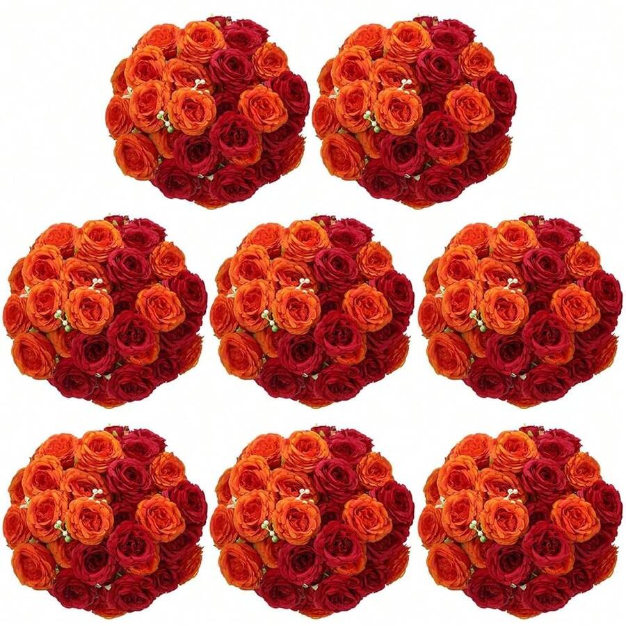 16 Bundles Artificial Peonies Flowers Fake Silk Peony Bouquet Faux Peonies Flowers Bulk For Decoration Vase Floral Arrangements Wedding Party Table (Orange,Dark Red) - 橘色 - 查看 1