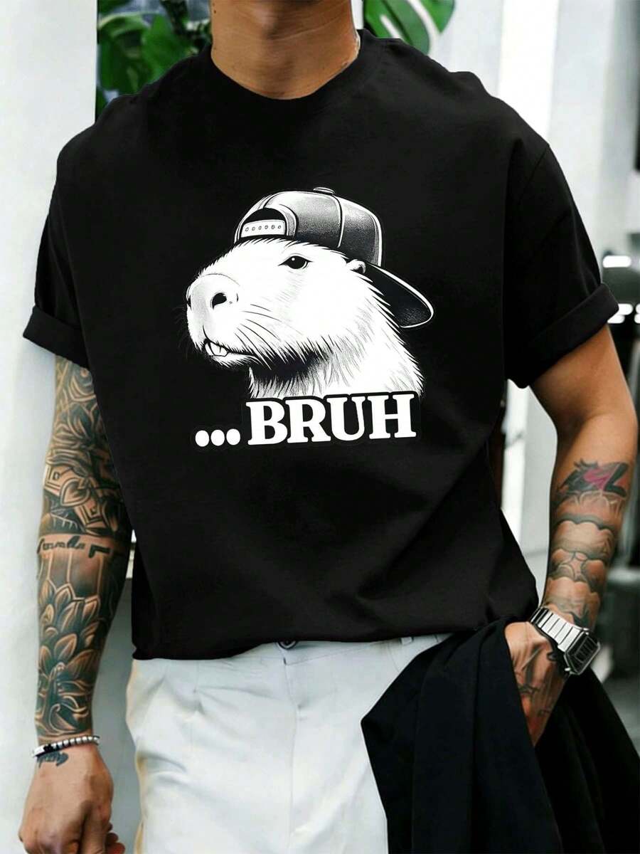 Camiseta divertida com estampa de capivara, tecido de alta qualidade, gola redonda, modelagem relaxada, estilo streetwear hip-hop. - Preto - Ver 1