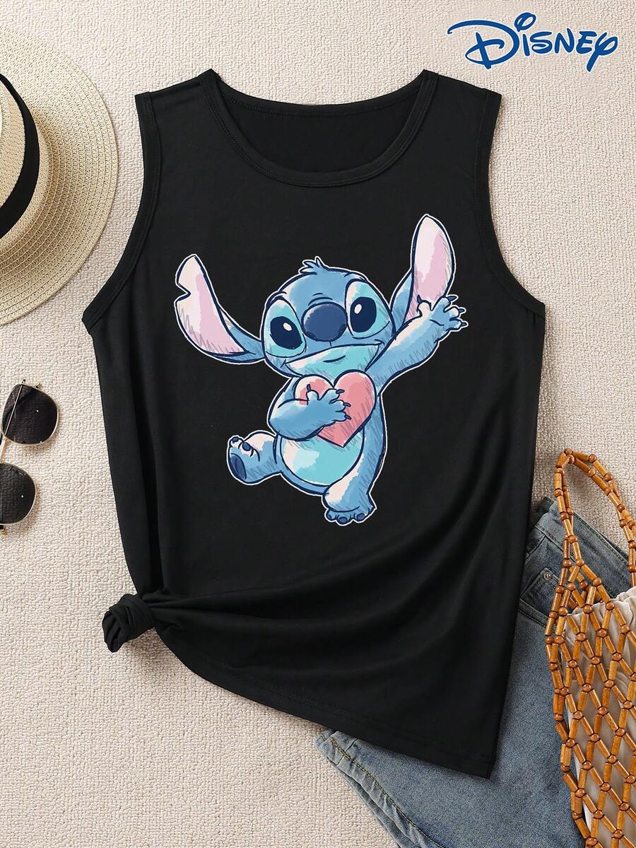 Disney 缝线爱心印花女士背心，时尚休闲无袖背心，圆领，略带弹性，易护理面料，适合日常穿着 - 黑色 - 查看 1
