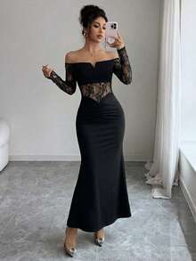 Elegant Women's Long Off The Shoulder Bodycon Maxi Dress Black Knitted Fabric Lace Ruched Party Style - Black - View 2