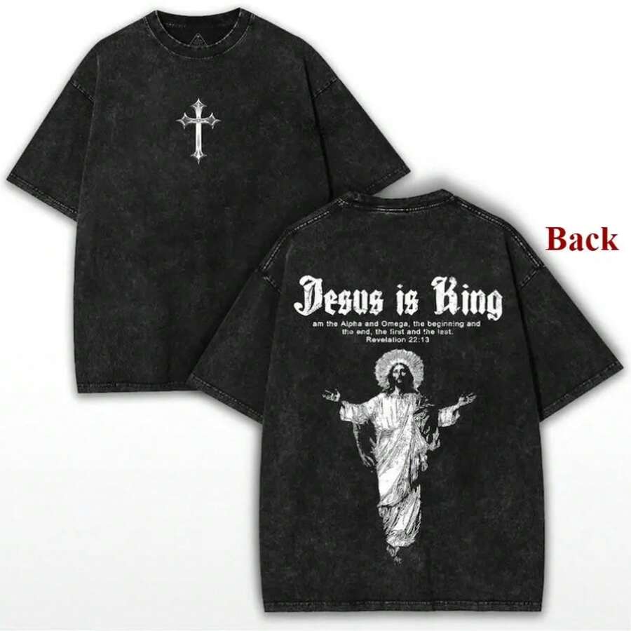 Super Value Hot  T-Shirt Jesus Is King Washed T-Shirt Loose Christian Streetwear Men's Breathable Cotton Crew Neck Tee Y2k Outfits Men Suitable As A Gift For Fans SL0081 - 黑色 - 查看 1