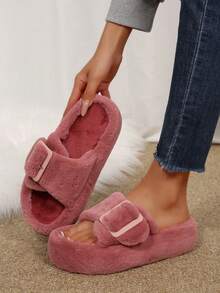 Women's Fluffy Platform Slippers – Cute Fuzzy Slides With Buckle Accent For Home & Casual Wear, Warm & Cozy Shoes - Màu Hoa hồng đỏ - Xem 4