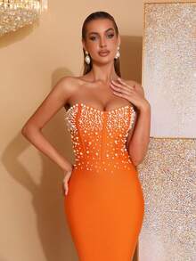 New Sexy Strapless Pink Pearl Decor Wedding Party Cocktail Evening Gown - Jeruk - View 8