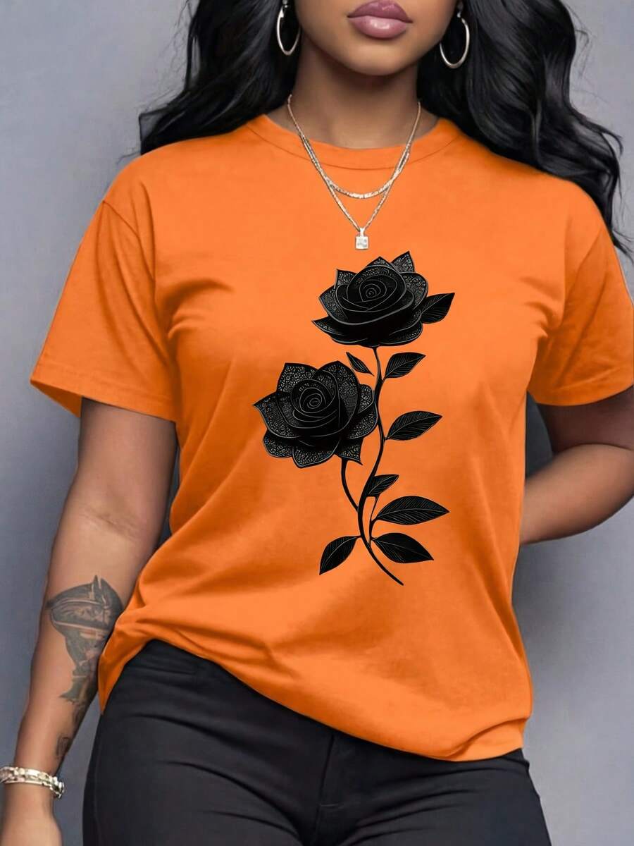 Spring Clothes Women's Clothing, Ladies Plus Size T-Shirt Black Rose Print - Casual Short Sleeve Round Neck Top, Medium Stretch Fabric, All-Season Com - 橘色 - 查看 1