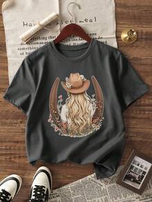 3 pièces/Set T-shirt à manches courtes col rond imprimé décontracté pour filles, vêtements d'été pour étudiants et jeunes enfants - Le T-shirt imprimé de jolis chevaux apporte joie et bonheur à chaque enfant ! - Nude - Voir 5
