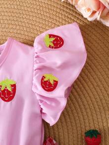 2pcs/Set Baby Girls' Cute Pink Strawberry All-Over Print Ruffle Sleeve Dress & Crossbody Bag, Summer - Multicolor - View 6