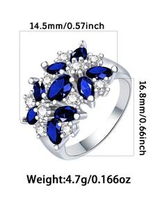 1pc S925 Sterling Silver Blue Zirconia Cluster Ring, Oval Main Stone Sparkling Band, Luxury Silver Ring For Party/Evening, Gift Box Included - Silver - View 4