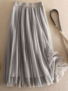 LuminousWealth Women's Elegant Pleated Mesh A-Line Skirt, Suitable For Casual Or Office Wear, Minimalist & Graceful | Polyester Mesh Skirt, Suitable For All Seasons, Great For New Year, Parties - Gray Brown - View 2