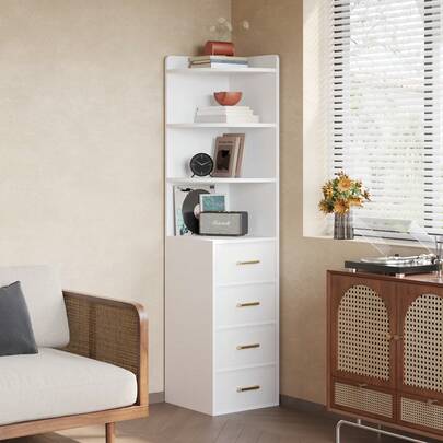 White Corner Bookshelf With 3 Drawers And 3 Shelves, L Shaped Tall Bookshelf And Bookcase, 3 Tier Corner Bookcase, Narrow Book Shelf For Living Room