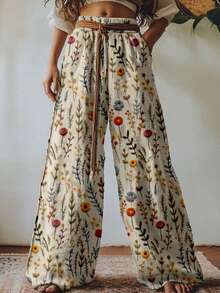 2026 Women's New Arrival Beige & Multi Wildflower Print Wide Leg Elastic Waist Bohemian Pastoral Style Casual Pants - 卡其色 - 查看 4