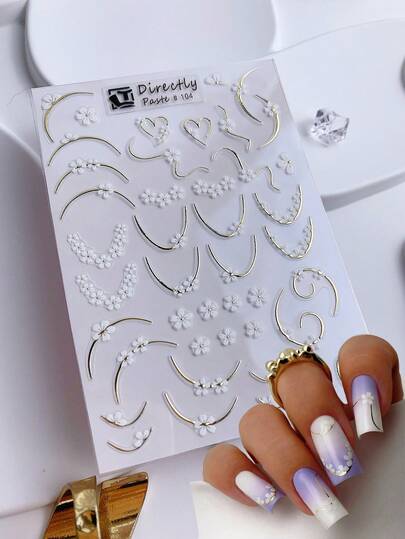 Irregular French Line Nail Stickers, Gold Branch And White Flower Nail Decals, Self-Adhesive DIY Nail Decoration Accessories, Minimalist Salon Waterproof Nail Art Slides