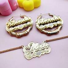 [Customization] 2 Pieces Set Of Customized Acrylic Name Earrings/Necklaces With Shiny Heart-Shaped Design, Personalized Double-Layer English Letter Name Women's Pendant/Earrings, Perfect For Parties And Birthday Gifts, Women's Jewelry Set, Cuban Chain - Multicolor - View 3