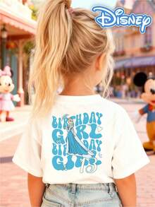 [Disney Authorized] Front: Elsa Bow Shape With Snowflake Elements Back: Elsa With Repeated "BIRTHDAY GIRL" Text And Number "13" Double-Sided Print Pattern Girls' T-Shirt - Children's Clothing Design Short-Sleeve Casual Cute Style Comfortable And Relaxed Suitable For Boys And Girls, Perfect For Parties And Play Machine Washable Gift Children's Clothing Girls' Short-Sleeve Shirt - 白色 - 查看 3