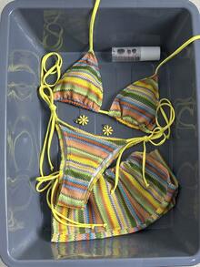 3pcs/Set Women's Summer Bohemian Style Crochet Fabric Drawstring Swimwear Cover Up Dress Bikini Set - Multicolor - View 3