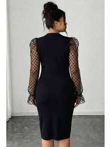 Mesh Splice Stand Collar Fitted Elegant Long Sleeve Dress - Black - View 2