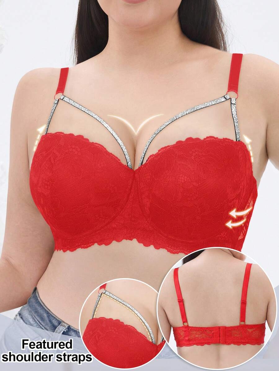 Women Lace Underwire Push Up Bra - Enhancing Lift Side Support, Sexy & Comfortable - Red - View 1