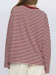 Women's Red & White Striped Round Neck Long T-Shirt, Loose Lightweight Long Tee, Suitable For Spring & Autumn, Soft Knit Fabric, Casual Street Style All-Match Minimalist Fashion, Versatile Streetwear Outfit, Striped All-Match Styling - Red - View 2