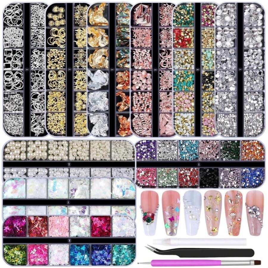 Kikonoke 10 Boxes Nail Art Kit - 12 Colors Pointed\/Flatback Rhinestones, 3D Gold\/Silver\/Rose Nail Studs, White Beige Half Pearls, Holographic Glitter &Amp; Foils + 3 Tools For DIY Nail Art Jewels &Amp; Crafts - ColorA - 查看 1