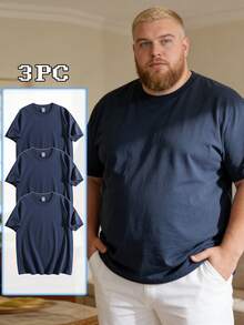 3PCS Plus Size Men Clothes 100 Percent Cotton Summer Clothes Big And Tall Men Streetwear Plus Size Men Solid-Colored T-Shir Summer Tops Perfect For Pairing With Jeans, Sweatpants Or Shorts - 藏青色+藏青色+藏青色 - 查看 1