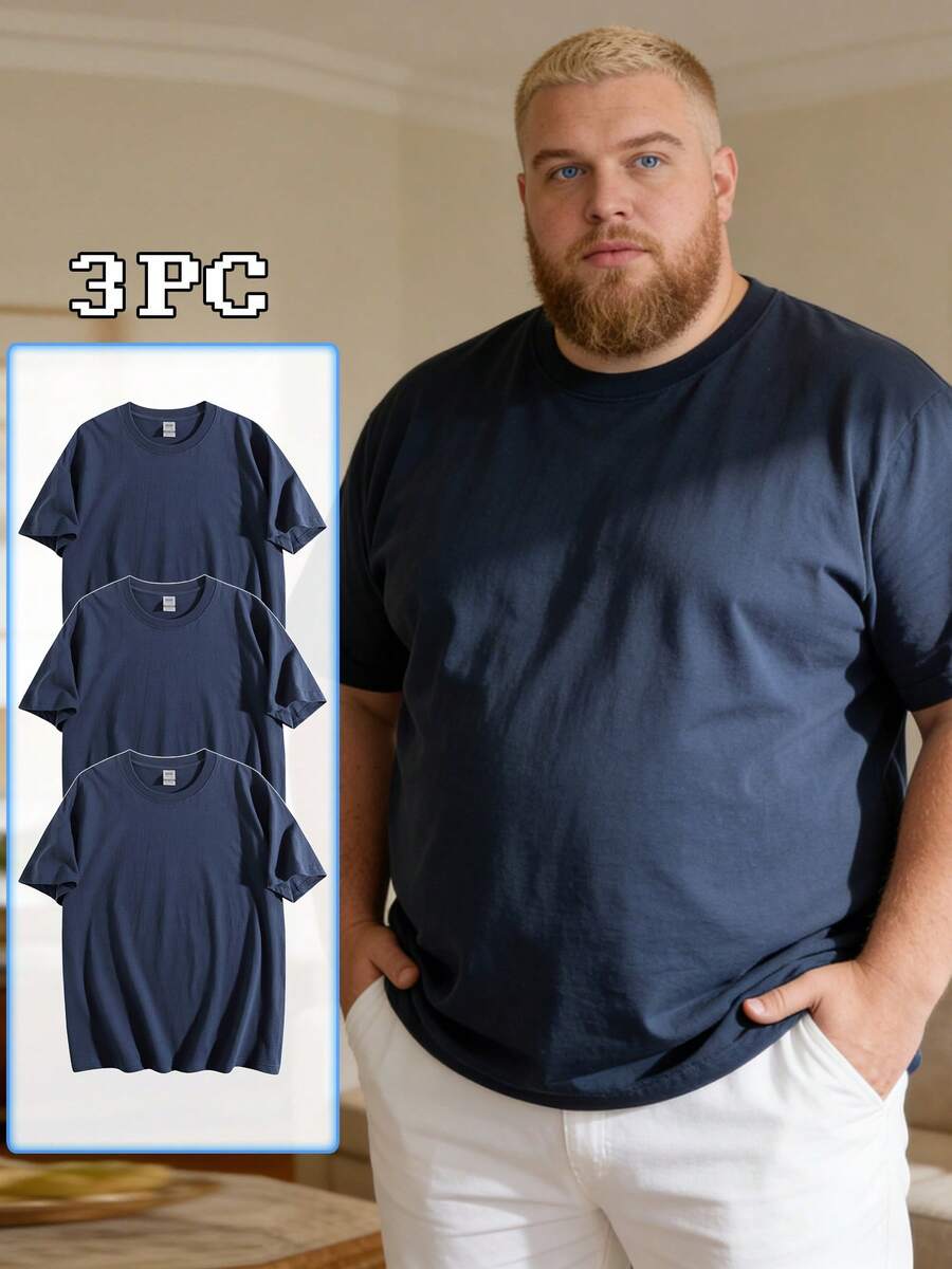 3PCS Plus Size Men Clothes 100 Percent Cotton Summer Clothes Big And Tall Men Streetwear Plus Size Men Solid-Colored T-Shir Summer Tops Perfect For Pairing With Jeans, Sweatpants Or Shorts - 藏青色+藏青色+藏青色 - 查看 1