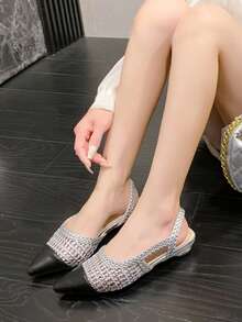 Sexy Rhinestone Fishnet Black Mesh High Heels, Niche Design Pointed Toe Pumps For Evening Gown - Silver - View 3