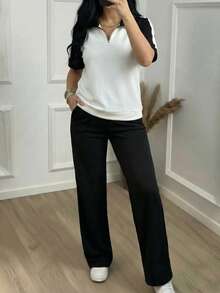 女士新款翻领半拉链撞色短袖上衣搭配松紧腰宽松纯色长裤两件套，春夏黑色 - 黑色 - 查看 1