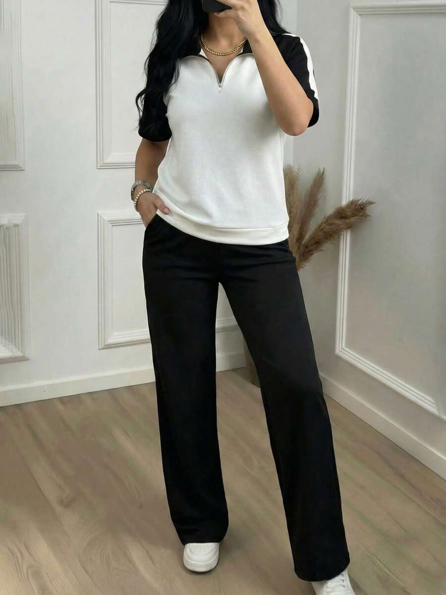 女士新款翻领半拉链撞色短袖上衣搭配松紧腰宽松纯色长裤两件套，春夏黑色 - 黑色 - 查看 1