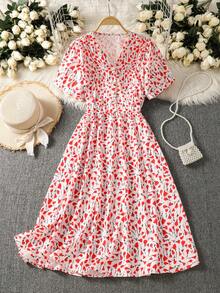 女士夏季印花蕾丝边V领短袖优雅度假连衣裙 - 紅色 - 查看 1